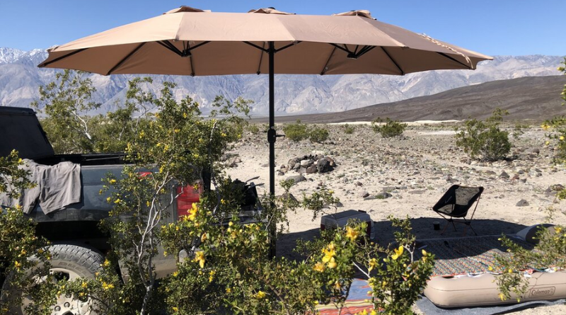 Humbra mobile shade solution provides shade for small camp in desert setting