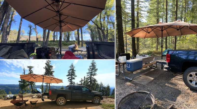 Collage of images depicting small campsite making use of Humbra mobile shade solution